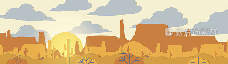 剪纸风格贴花沙漠全景仙人掌和Mesa -矢量插图
